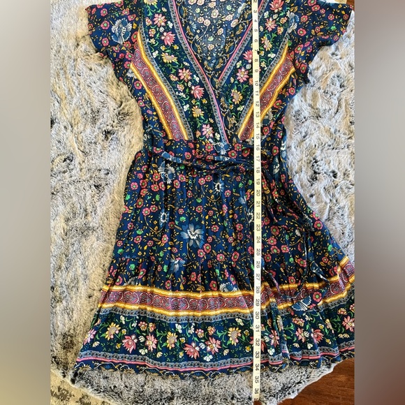 NWT Boho floral wrap mini dress Blue & Multicolored Juniors Large Women Small - Picture 11 of 15